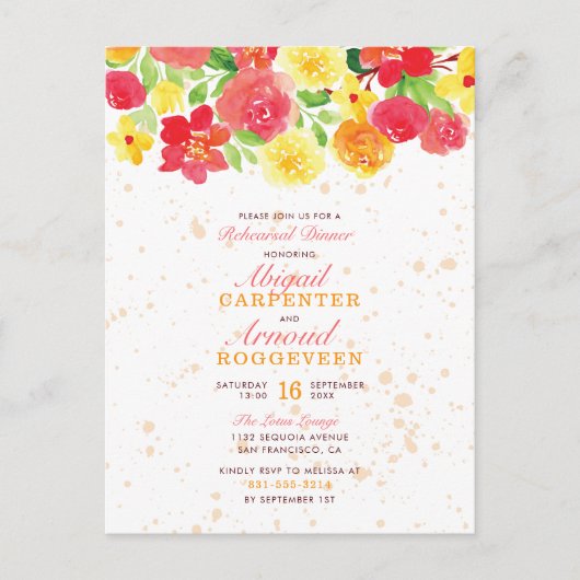 Sweet Pink Botanical Rose Probe Abendessen mit flo Einladungspostkarte (Vorderseite)