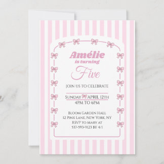 Sweet Pink Bow Coquette Fifth Birthday Party Einladung