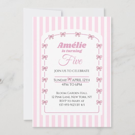 Sweet Pink Bow Coquette Fifth Birthday Party Einladung (Vorderseite)