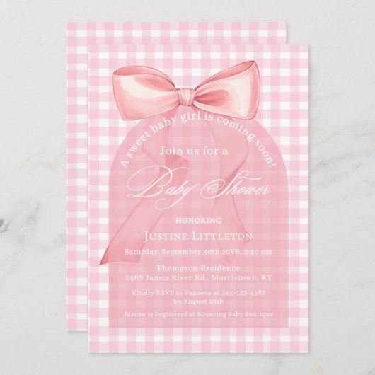 Sweet Pink Bow Gingham Arch Girl Babydusche Einladung (Vorne/Hinten)