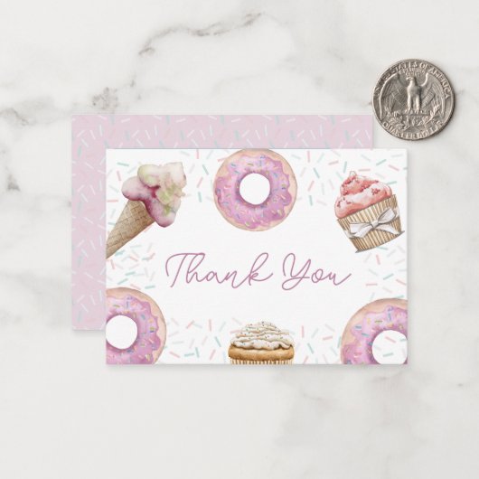 Sweet Pink Cupcake & Donut Baby Dusche Vielen Dank Mitteilungskarte (Vorderseite/Rückseite Beispiel)