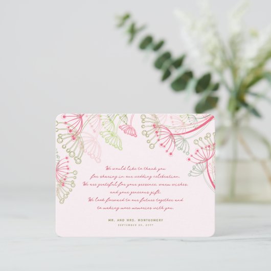 Sweet Pink Dandelion Flowers Spring Wedding Photo Dankeskarte (Stehend Vorderseite)