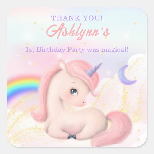 Sweet Pink Elegant Unicorn Rainbow Square Sticker (Vorderseite)