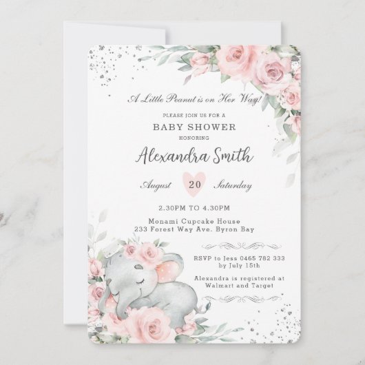 Sweet Pink Floral Adorable Elephant Baby Dusche Einladung (Vorderseite)
