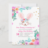 Sweet Pink Floral Bunny 1. Geburtstag Einladung (Vorderseite)
