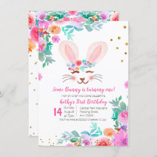 Sweet Pink Floral Bunny 1. Geburtstag Einladung