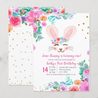 Sweet Pink Floral Bunny 1. Geburtstag Einladung