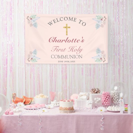 Sweet Pink Floral First Heilige Kommune Willkommen Banner (Party)