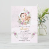 Sweet Pink Floral mit Foto Taufe Einladung (Stehend Vorderseite)