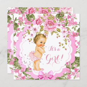 Sweet Pink Floral Rose Baby Shower Girl Blonde Einladung