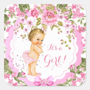 Sweet Pink Floral Rose Baby Shower Girl Blonde Quadratischer Aufkleber