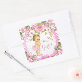 Sweet Pink Floral Rose Baby Shower Girl Blonde Quadratischer Aufkleber (Umschlag)