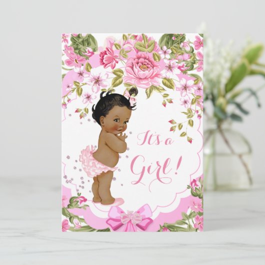 Sweet Pink Floral Rose Baby Shower Girl Ethnic Einladung (Stehend Vorderseite)