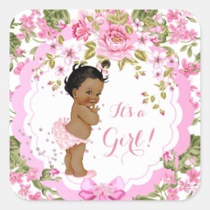 Sweet Pink Floral Rose Baby Shower Girl Ethnic Quadratischer Aufkleber