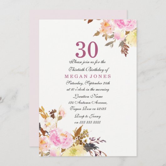 Sweet Pink Floral Script 30. Geburtstag Einladung (Vorne/Hinten)