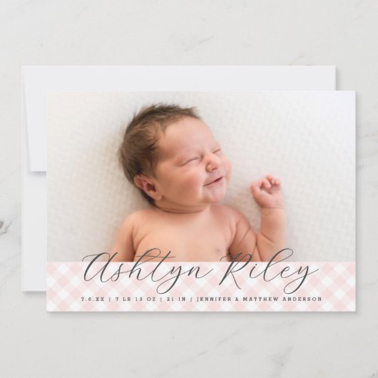 Sweet Pink Gingham Pattern Geburtsankündigung Ankündigung (Vorderseite)