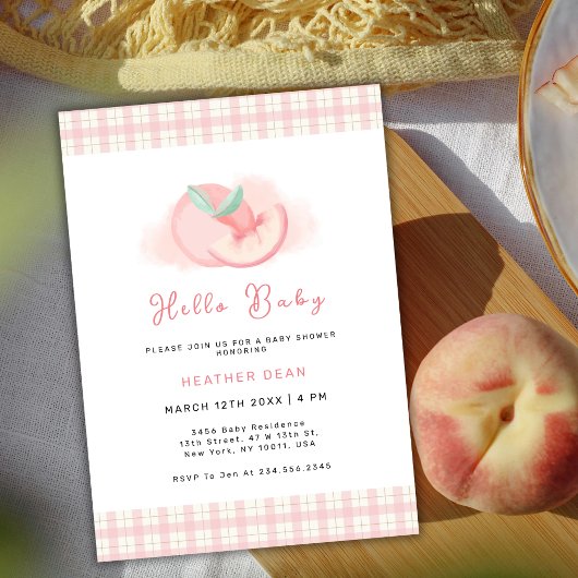 Sweet Pink Gingham Peach Baby Dusche Einladung