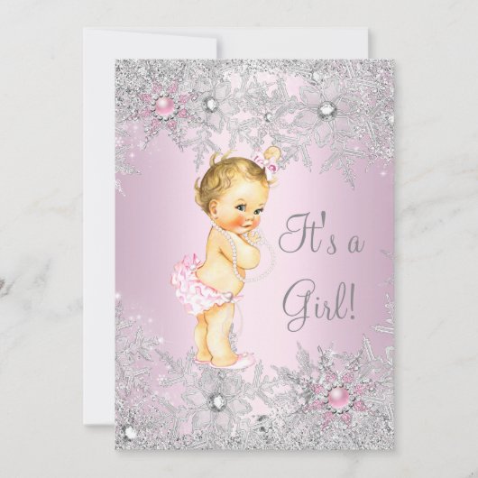 Sweet Pink Girl Girl Babydusche Snowflake Blonde Einladung (Vorderseite)
