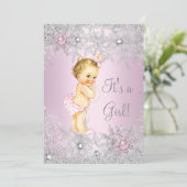 Sweet Pink Girl Girl Babydusche Snowflake Blonde Einladung (Stehend Vorderseite)