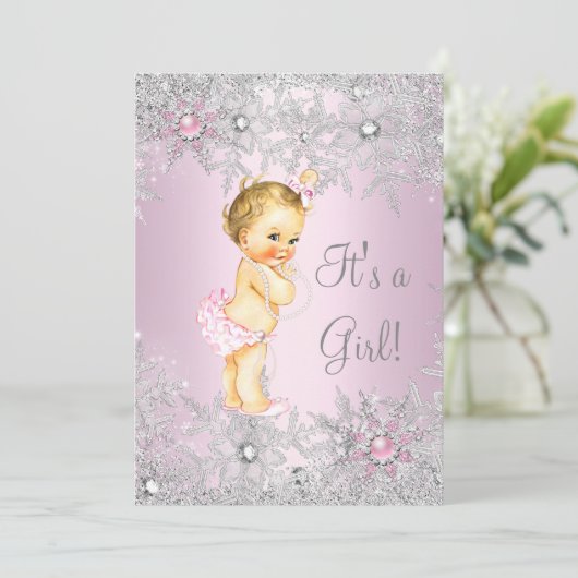 Sweet Pink Girl Girl Babydusche Snowflake Blonde Einladung (Stehend Vorderseite)