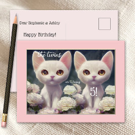 Sweet Pink Girly Kitten Twin Birthday Postcard Postkarte