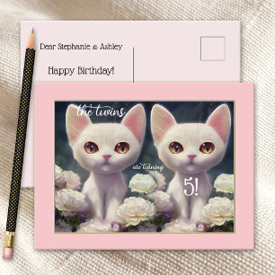 Sweet Pink Girly Kitten Twin Birthday Postcard Postkarte