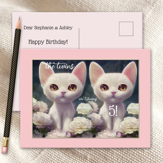 Sweet Pink Girly Kitten Twin Birthday Postcard Postkarte