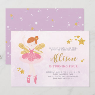 Sweet Pink & Gold Ballerina Fairy Birthday Einladu Einladung