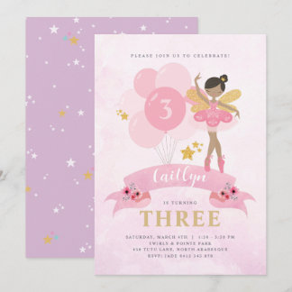 Sweet Pink & Gold Ballerina Fairy Birthday Einladung