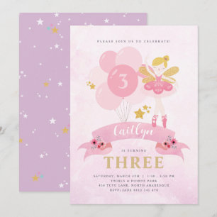 Sweet Pink & Gold Ballerina Fairy Birthday Einladung