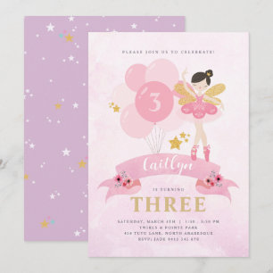 Sweet Pink & Gold Ballerina Fairy Birthday Einladung