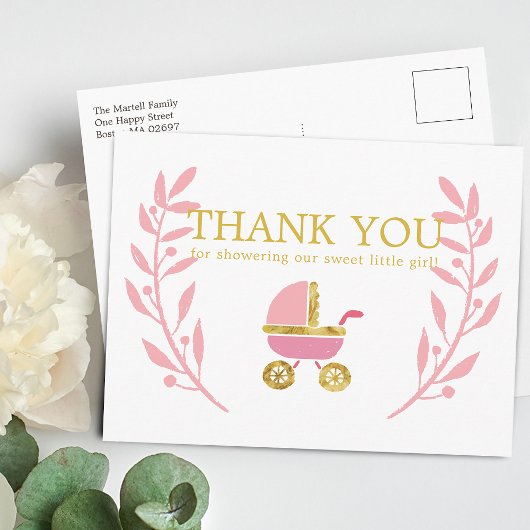 Sweet Pink Gold Carriage Baby Dusche Vielen Dank Postkarte