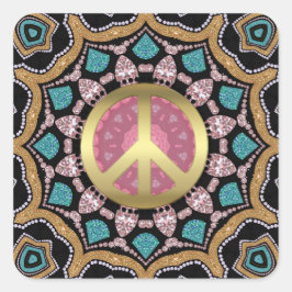 Sweet Pink & Gold Groovy Peace Mandala Energy Gold Quadratischer Aufkleber
