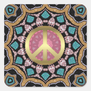 Sweet Pink & Gold Groovy Peace Mandala Energy Gold Quadratischer Aufkleber