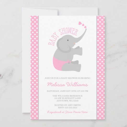 Sweet Pink Gray Elephant Baby Shower Einladungen (Vorderseite)