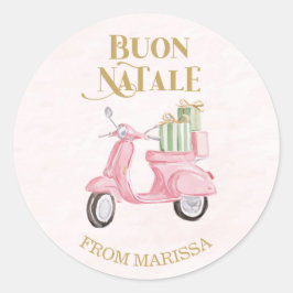 Sweet Pink & Green Italian Christmas Moped Runder Aufkleber