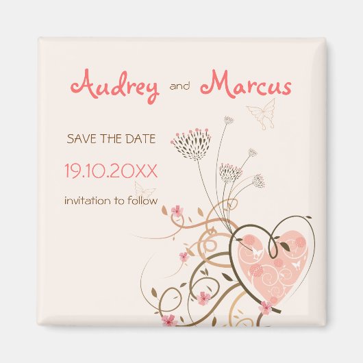 Sweet Pink Heart and Butterfly Wirbel Rett Date Magnet (Vorne)