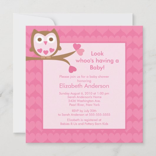 Sweet Pink Heart Owl Babydusche Einladung (Vorderseite)