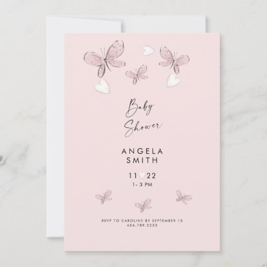 Sweet Pink Hearts and Butterflies Baby Girl Shower Einladung (Vorderseite)