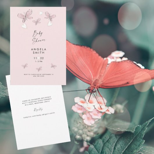 Sweet Pink Hearts and Butterflies Baby Girl Shower Einladung