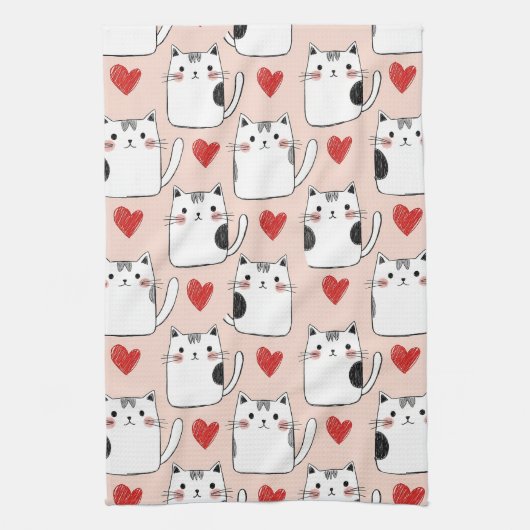 Sweet Pink Kawaii Cats & Hearts Pattern (5) Geschirrtuch (Vertikal)