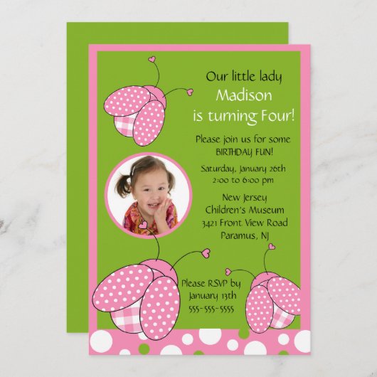 Sweet Pink Ladybug Foto Geburtstag Einladung (Vorne/Hinten)