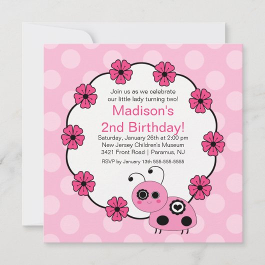 Sweet PINK Ladybugs Einladung zum Geburtstag (Vorderseite)