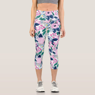 Sweet Pink Navy Blume Aquarellmuster Capri Leggings