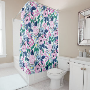 Sweet Pink Navy Blume Aquarellmuster Duschvorhang