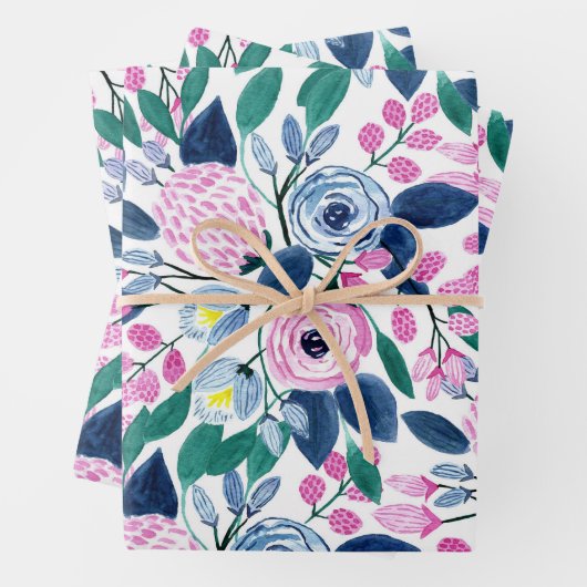 Sweet Pink Navy Blume Aquarellmuster Geschenkpapier Set (Beispiel)