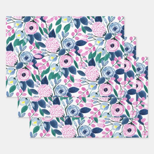 Sweet Pink Navy Blume Aquarellmuster Geschenkpapier Set (Set)