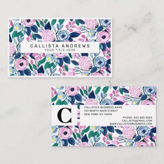 Sweet Pink Navy Blume Aquarellmuster Visitenkarte (Vorne/Hinten)