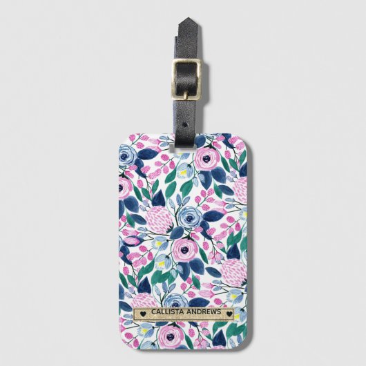 Sweet Pink Navy Blume Watercolor Gold Monogram Gepäckanhänger (Vorderseite Vertikal)