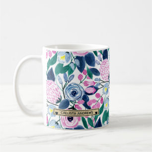 Sweet Pink Navy Blume Watercolor Gold Monogram Kaffeetasse
